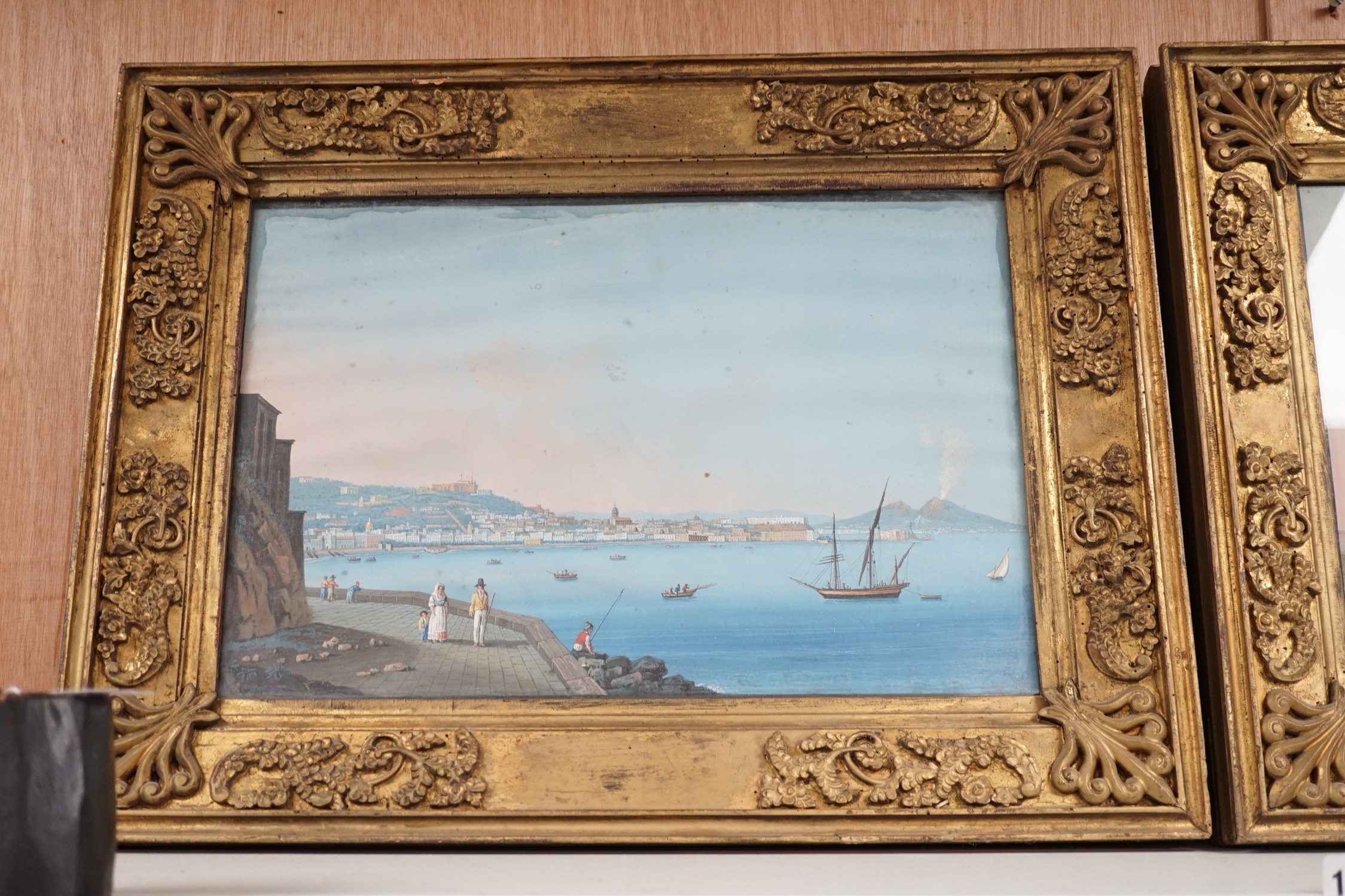 19th century Neapolitan School, pair of gouaches, Views of Naples Harbour and Classical ruins, 28 x 41cm